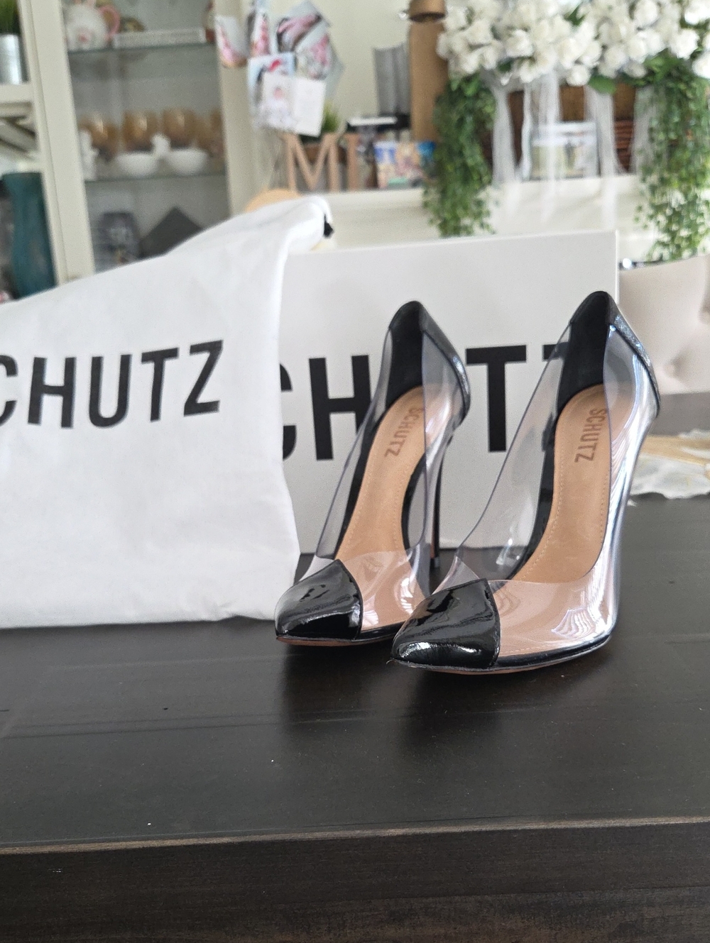 SCHUTZ 6.5 Black Patent & Clear Pointed-Toe Pumps